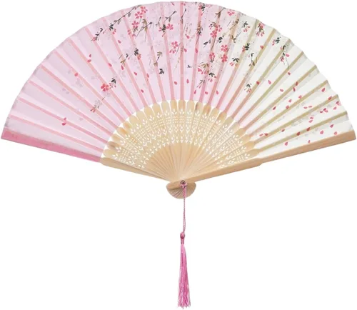 Vista 7 de QIRMIZI 5 ventiladores de mano – Elegantes ventiladores plegables de seda con marcos de bambú, ventilador plegable de flecos huecos, ventilador