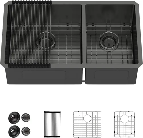 Vista 26 de Lordear Fregadero de cocina de 28 pulgadas de acero inoxidable de calibre 16 con doble plato y estación de trabajo de montaje inferior de 60/40