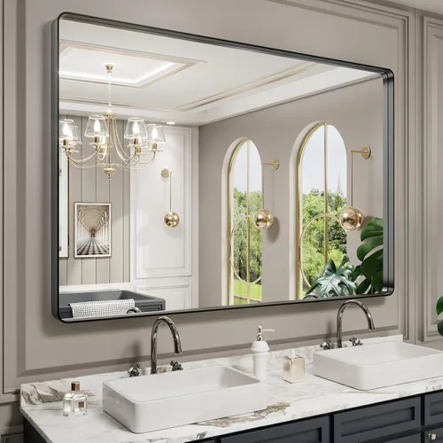 Vista 101 de LOAAO 20x16 Pulgadas Espejo de Baño con Marco de Metal Negro para Pared, Espejo de Tocador de Baño de Estilo Granja, Espejo Grande Rectangular