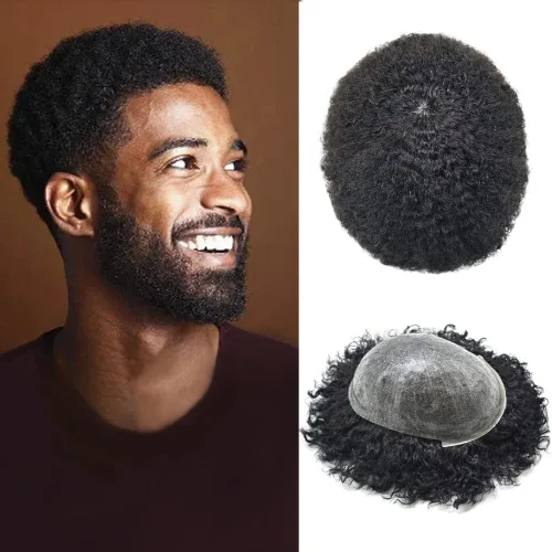 Vista 11 de Afro Toupee para hombres negros, 0.004 in de piel fina sistema de pelo PU para hombres, pieza de cabello humano Remy brasileño para hombres, rizado