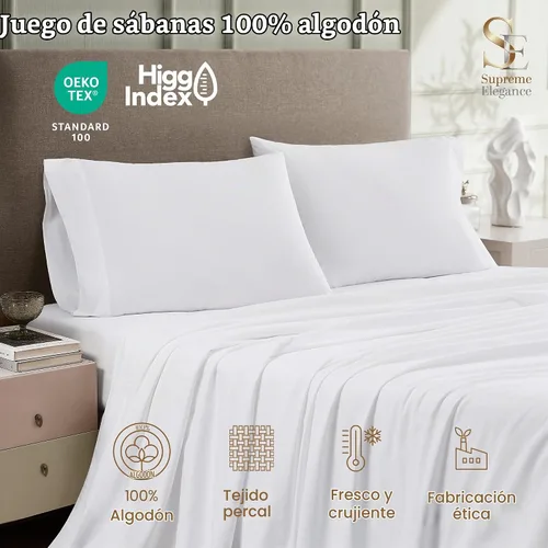 Vista 3 de SUPREME ELEGANCE Juego de sábanas de cama individual 100% algodón - Blanco ártico, ropa de cama de percal de 3 piezas, sábanas transpirables frescas