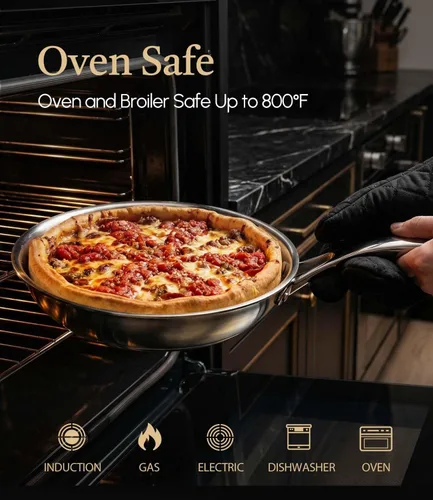 Vista 8 de Sartén de acero inoxidable de 8 pulgadas, base revestida de 5 capas, sartenes seguras de 800 ℉ para calentamiento uniforme, utensilios de cocina