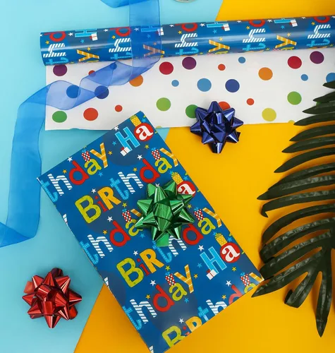 Vista 7 de U'COVER Rollo de papel de regalo reversible de feliz cumpleaños para niños y niñas, diseño de lunares, papel de regalo para mujeres, hombres, baby