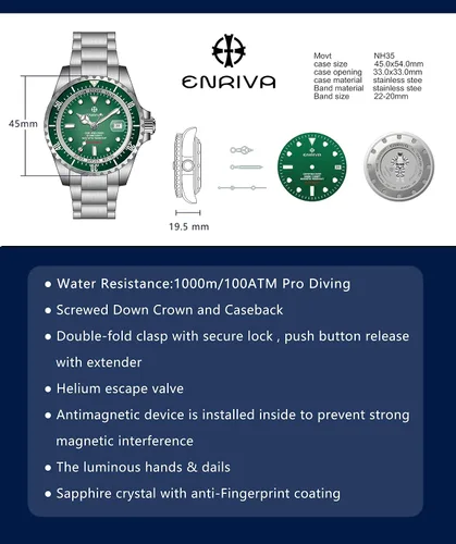 Vista 7 de ENRIVA Men's 1000m Automatic Pro Diver Watch Aluminium Bezel Diving Watches Self-Wind Professional Diver Watches for Men
