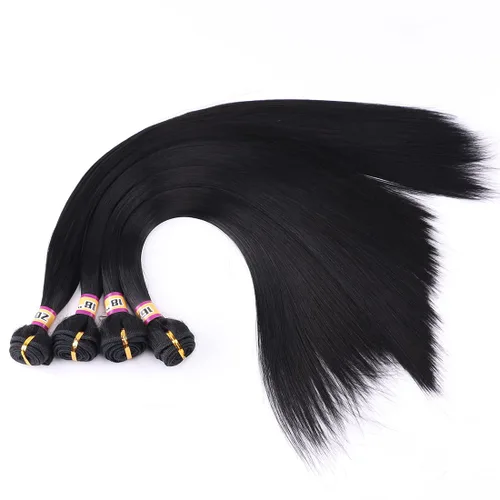 Vista 3 de 4 paquetes de cabello sintético sedoso y liso, 4 paquetes de 16, 18, 18, 20 pulgadas, extensiones de cabello de fibra de doble trama color negro