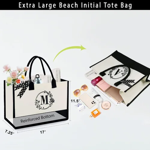 Vista 2 de BeeGreen Bolsa de lona con inicial con bolsa de maquillaje, bolsa de playa, regalo de dama de honor para despedida de soltera, regalos de cumpleaños