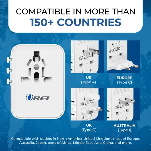 Vista 7 de OREI Adaptador de enchufe World Travel – 2 USB + 1 tomacorrientes universales – Ranuras para Europa, Asia, China, Japón, África – Perfecto