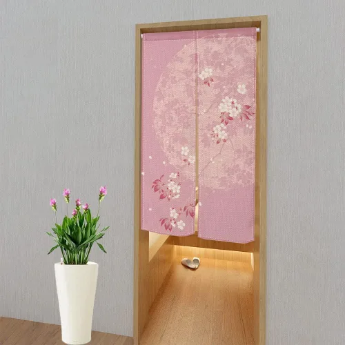 Vista 3 de Leowefowa Noren - Cortina de puerta de estilo japonés, estampado de flores rosadas, luna, cortina de puerta, tratamiento de ventana, tapiz