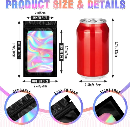 Vista 6 de 100 bolsas holográficas de tereftalato de polietileno, bolsas transparentes resellables, bolsa a prueba de olores, bolsa para pulseras, decoraciones