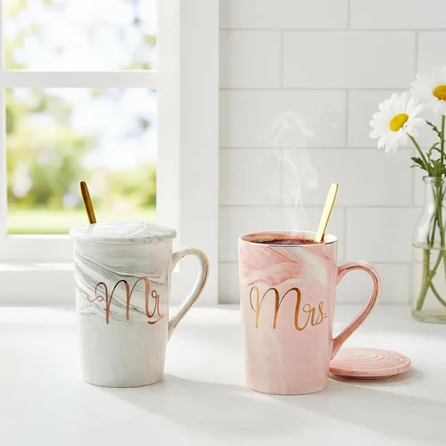 Vista 9 de Yesland Tazas de Café Mr and Mrs de 13.5 Oz, Regalos de Boda para Pareja/Novia y Novio, Tazas de Cerámica con Mármol para Despedida de Soltera