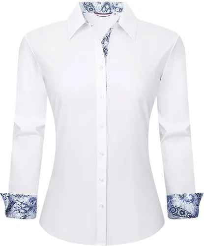Vista 22 de WARHORSEE Blusas de vestir de manga larga con botones de algodón para mujer, blusas de trabajo elegantes de fácil cuidado, blusas casuales