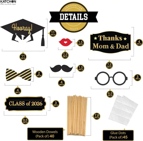 Vista 4 de KatchOn, Accesorios para cabina de fotos de graduación – Paquete de 40 Accesorios de fotos de graduación negro y dorado, decoraciones