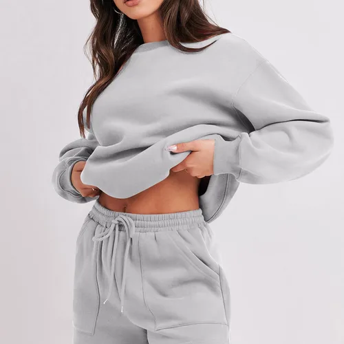 Vista 5 de DOLKFU Womens 2 Piece Outfits Trendy Long Sleeve Crewneck Hoodie Sweatshirt and High Waist Shorts Set Casual Fall Tracksuit