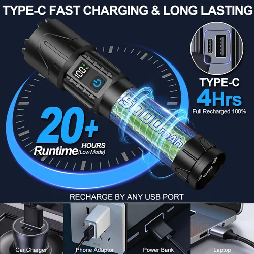 Vista 5 de Linternas tácticas recargables Banral de 2000 lúmenes altos - 5000mAh súper brillantes, linterna LED potente impermeable, linterna USB C portátil