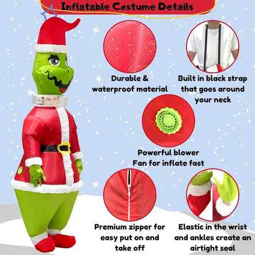 Vista 4 de VIONMI Disfraz inflable para adultos monstruo grande de Navidad verde para hombres divertido disfraz de Halloween Papá Noel cosplay fiesta traje