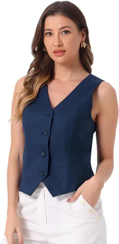 Vista 11 de Allegra K Chaleco para mujer, de verano, algodón, lino, sin mangas, con botones, cuello en V, totalmente forrado, chalecos recortados Negro