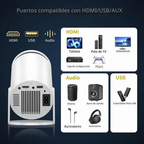 Vista 4 de Mini proyector portátil compatible con 4K, proyector pequeño Full HD 1080P con soporte giratorio de 270°, proyector de película compatible con TV