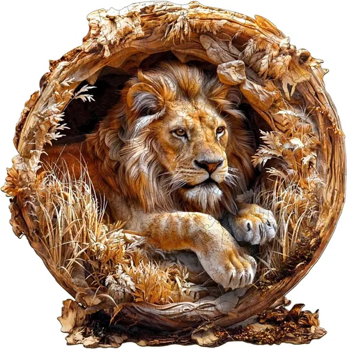 Vista 11 de Rompecabezas de madera para adultos, rompecabezas de madera de león del bosque, efecto visual 3D, forma única, rompecabezas de madera de animales