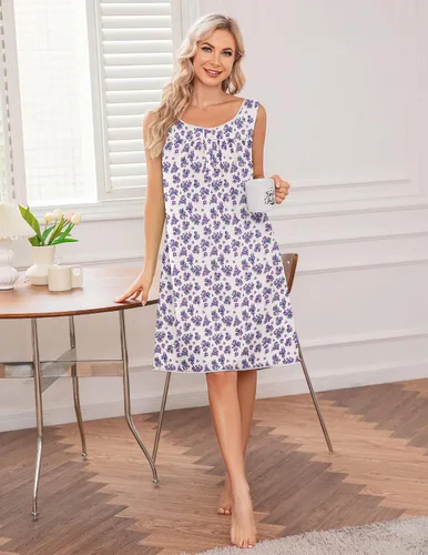 Vista 2 de Ekouaer Camisón para mujer, ropa de dormir de algodón, sin mangas, con cuello en V