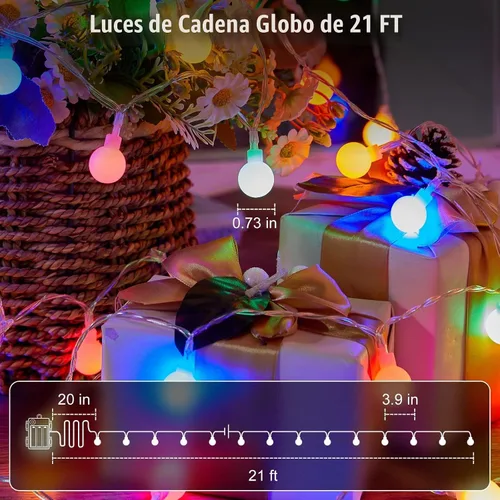 Vista 8 de Guirnalda de luces con forma de globo a pilas, 21 pies, 60 luces LED parpadeantes, 8 modos con control remoto, mini luces de globo para interiores