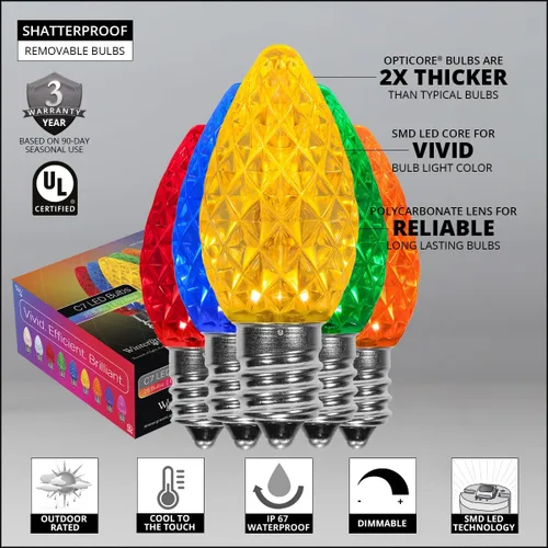 Vista 3 de Wintergreen Lighting C7 OptiCore Luces de Navidad Multicolor Comerciales - Cadena de luces LED de Navidad, luces navideñas al aire libre; cable Verde