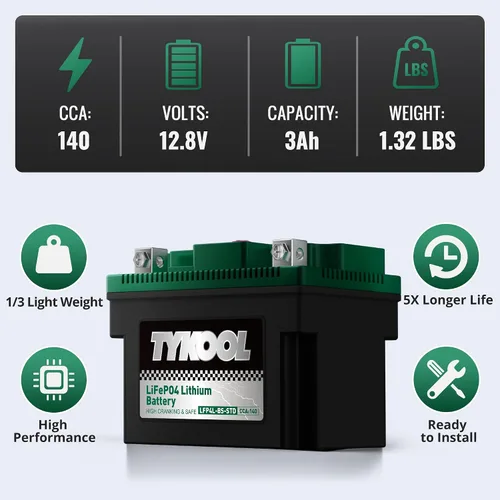 Vista 4 de TYKOOL LFP4L-BS-STD - Batería de litio de 12 V, sustituye a YTX4L-BS, 140CCA 3Ah, se adapta a ATV motocicleta, scooter, cortacésped, compatible