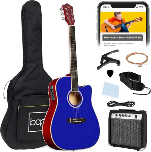 Vista 10 de Best Choice Products Juego de iniciación de guitarra acústica y eléctrica para principiantes con 41 pulgadas, diseño de corte total en madera, bolsa