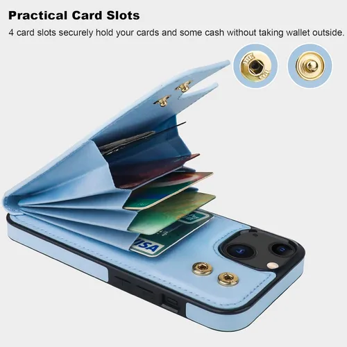 Vista 4 de Folosu Funda Compatible con iPhone 13 Cartera con Soporte para Tarjetas, Soporte de Anillo de Dedo con Rotación de 360° y Función Atril Protectora