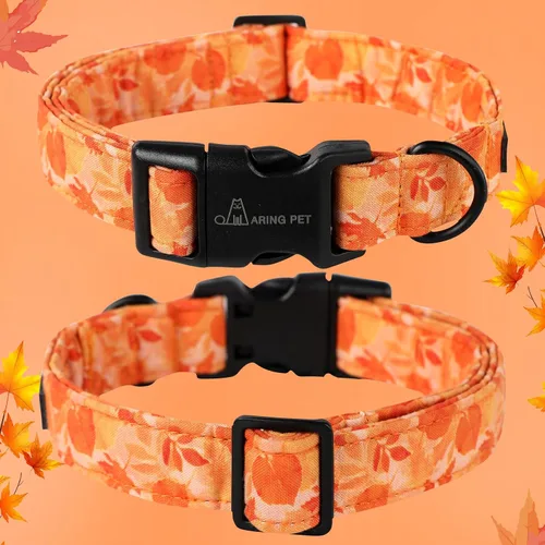 Vista 2 de Aring Pet Collar de algodón, ligero y ajustable, con hebilla de liberación rápida, para perros pequeños, medianos y grandes, otoño, naranja, hojas
