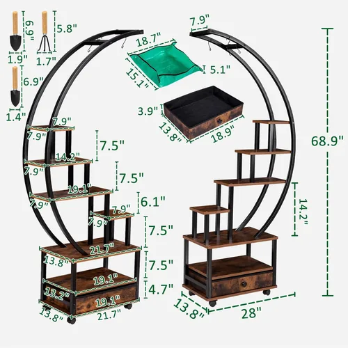 Vista 4 de Soporte para plantas de interior de media luna de 7 niveles con ruedas con bloqueo, estante para plantas de 71 pulgadas de alto con cajón