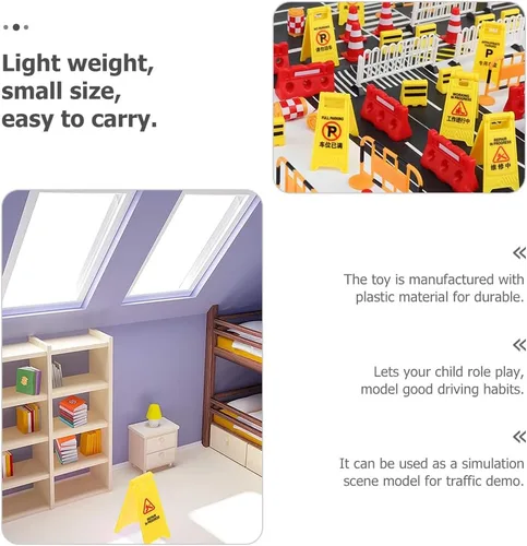 Vista 3 de TOYANDONA 31 piezas de señales de tráfico para niños, conos de tráfico de plástico en miniatura, mini barril, juego educativo piezas para niños