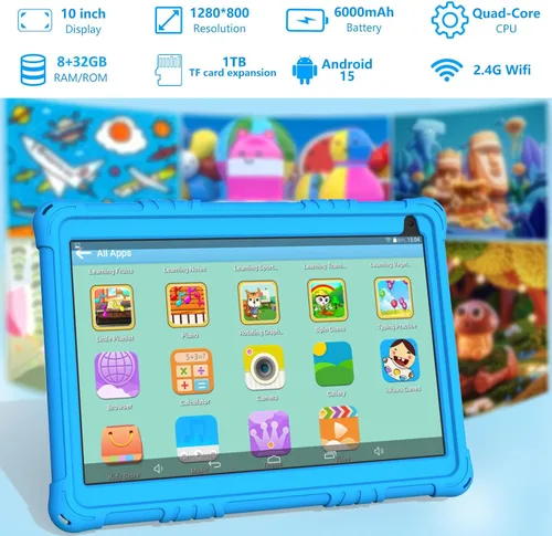 Vista 7 de Tablet Android 15 para niños, tabletas de 10 pulgadas para niños, 8 GB RAM 32 GB ROM 1 TB expandible, tableta para niños pequeños con control