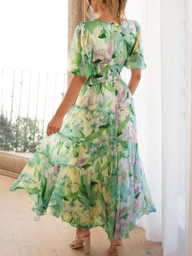 Vista 4 de Sissyaki Vestido largo escalonado con cuello cuadrado para mujer, manga corta, cintura alta, vestido midi fruncido