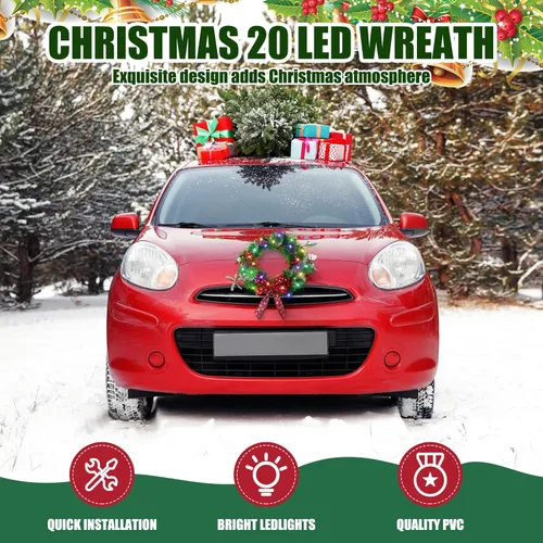 Vista 6 de Riceshoot Corona LED de Navidad para automóvil de 12 V con lazo rojo de bayas de 13 pulgadas, corona iluminada artificial para parrilla delantera