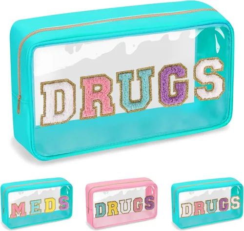 Vista 12 de Iqimott Bolsa de parche de felpilla con letras MEDS transparente, bolsa de maquillaje portátil de preparación para mujeres y niñas, viajes, bolsa