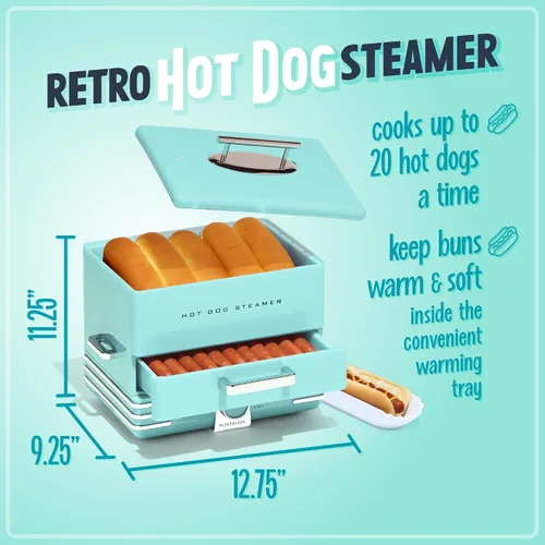 Vista 2 de Nostalgia vaporera extra grande estilo comedor, capacidad para 20 perros calientes y 6 panes, perfecta para salchichas de desayuno, bratwursts