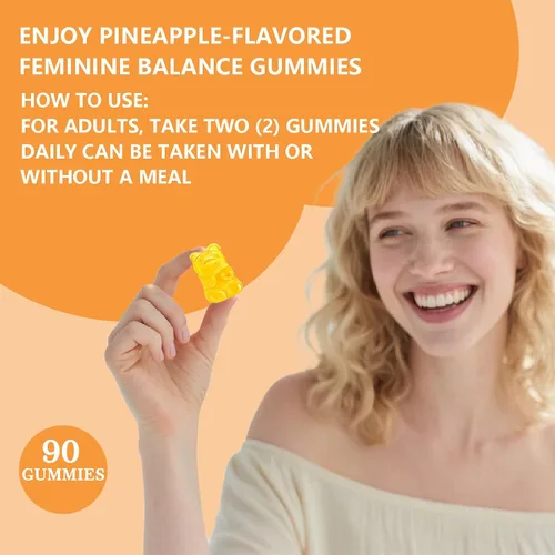 Vista 7 de Gomitas de piña para mujer, pH, equilibrio femenino, salud vaginal, probióticos femeninos, apoyo al bienestar, vegano, sin gluten, piña hawaiana, 90