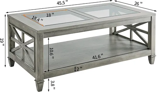 Vista 2 de Mesa de centro de madera maciza con tapa de vidrio templado, mesa rectangular para sala de estar con estante de almacenamiento de 2 neumáticos, mesa