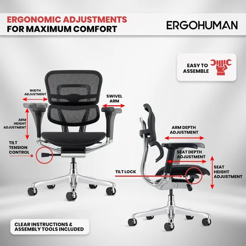 Vista 7 de Eurotech Seating Ergohuman Silla giratoria de malla con respaldo medio, color negro