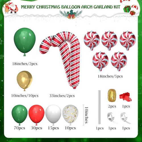 Vista 2 de Kit de arco de guirnalda de globos de Navidad, 150 unidades con globos de aluminio de caramelo de Navidad, verde, rojo, blanco, dorado, globos