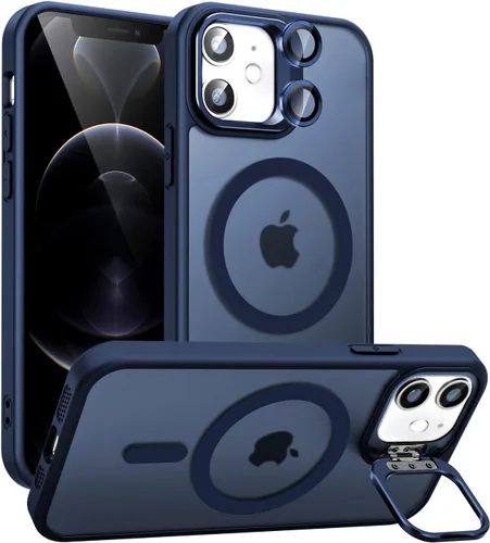 Vista 10 de Funda magnética para iPhone 11 con soporte, compatible con Magsafe, protección militar y protector de lente de cámara, funda translúcida mate