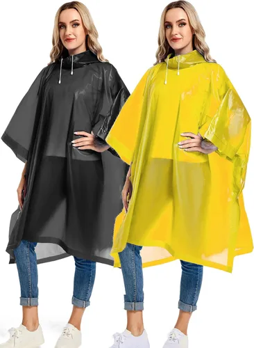 Vista 35 de Ponchos de lluvia reutilizables con capucha con cordón para adultos, abrigo de lluvia grueso impermeable, 2 paquetes