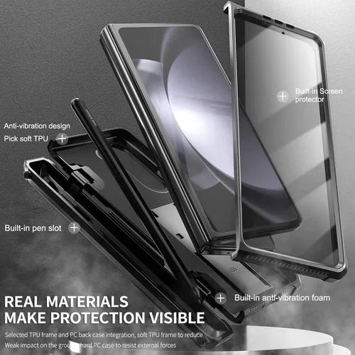 Vista 3 de Funda resistente para Samsung-Galaxy-Z-Fold-5 5G con soporte integrado [soporte para bolígrafo S] [protector de pantalla] [protección de bisagra]
