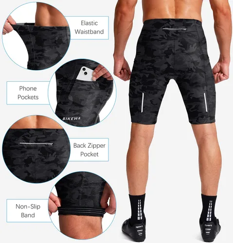 Vista 5 de Bikewa - Pantalones cortos de ciclismo para hombre, con acolchado 3D, para ciclismo de carretera o montaña, FPU 50+, bolsillos con cremallera