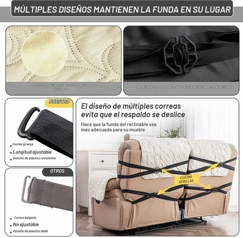 Vista 6 de Funda reclinable 100% impermeable para sofá biplaza, 4 piezas divididas para sofá reclinable de 2 asientos, funda de sofá reclinable antideslizante