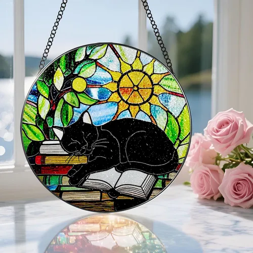 Vista 5 de Colgante de Vidriera, Gato Negro de 8 Pulgadas sobre Libro Atrapasol de Vidriera, Decoración Colgante para Ventana, Regalos para Amantes