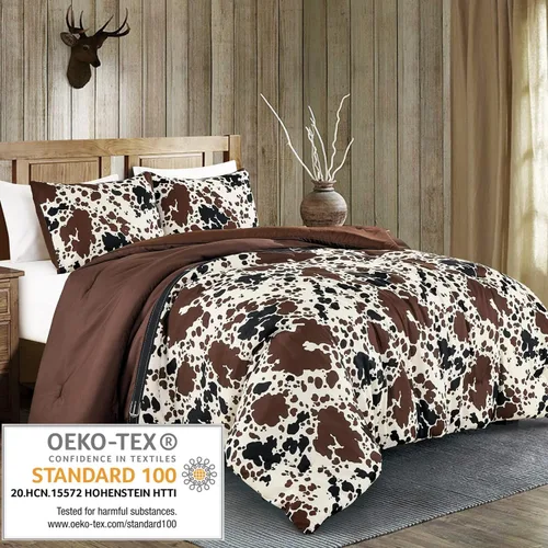 Vista 2 de Juego de edredón con estampado de vaca, tema occidental, conjunto de vaquero, juego de edredón con estampado de vaca lechera, colores marrón, negro