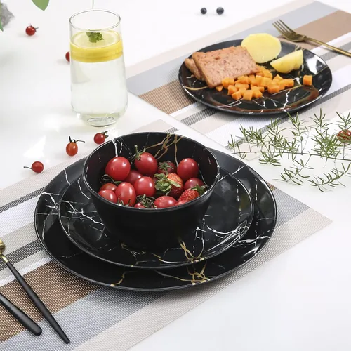 Vista 6 de Juego de vajilla de melamina – 12 piezas de platos y cuencos, ideal para fiestas en interiores y exteriores, sin BPA, apto para lavavajillas