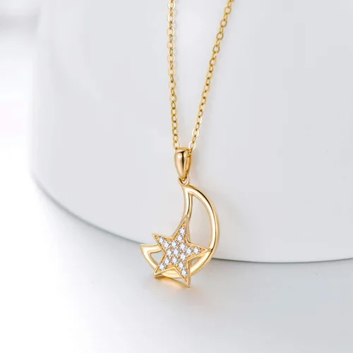 Vista 3 de 14K Solid Gold Moon Necklaces for Women, Real Yellow Gold Moon Star Pendant Necklace with Cubic Zircon Fine Jewelry for Girls 18