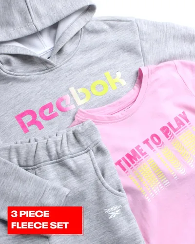 Vista 2 de Reebok Conjunto deportivo para niñas, sudadera de forro polar activo de 3 piezas, pantalones deportivos para correr, camiseta - Ropa deportiva